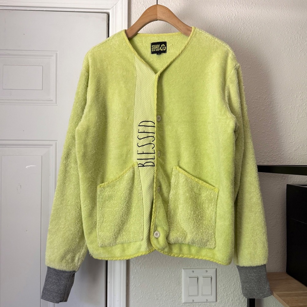 SUAY SEW SHOP neon lime green terry cloth towel button up cardigan sweater